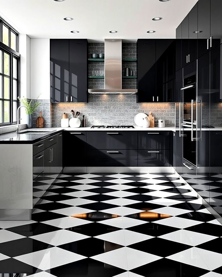 luxurious high gloss checkered kitchen flooring