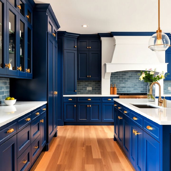 luxurious sapphire blue kitchen cabinets with brushed gold knobs