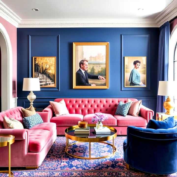 luxurious velvet pink and blue furniture combo for living room