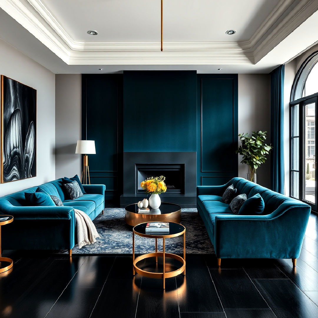 luxurious velvet touches living room with black floor