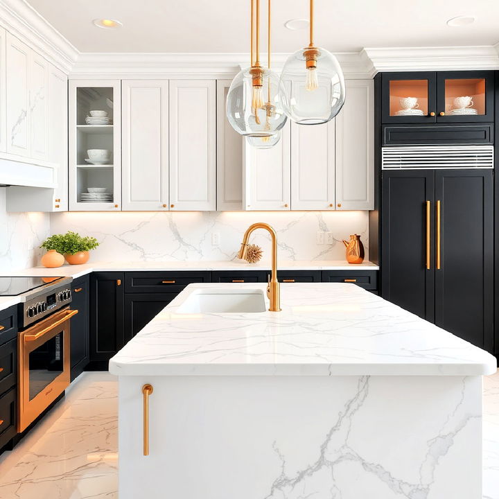 luxurious white marble countertop paired with gold accents