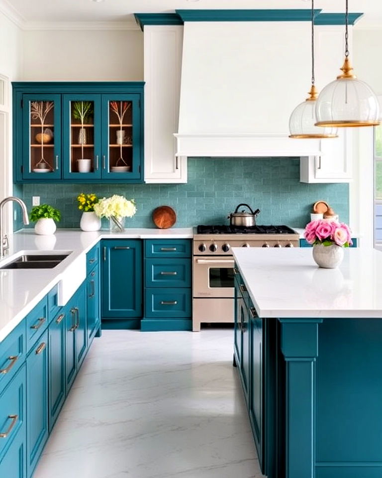 luxurious white quartz countertops with teal island