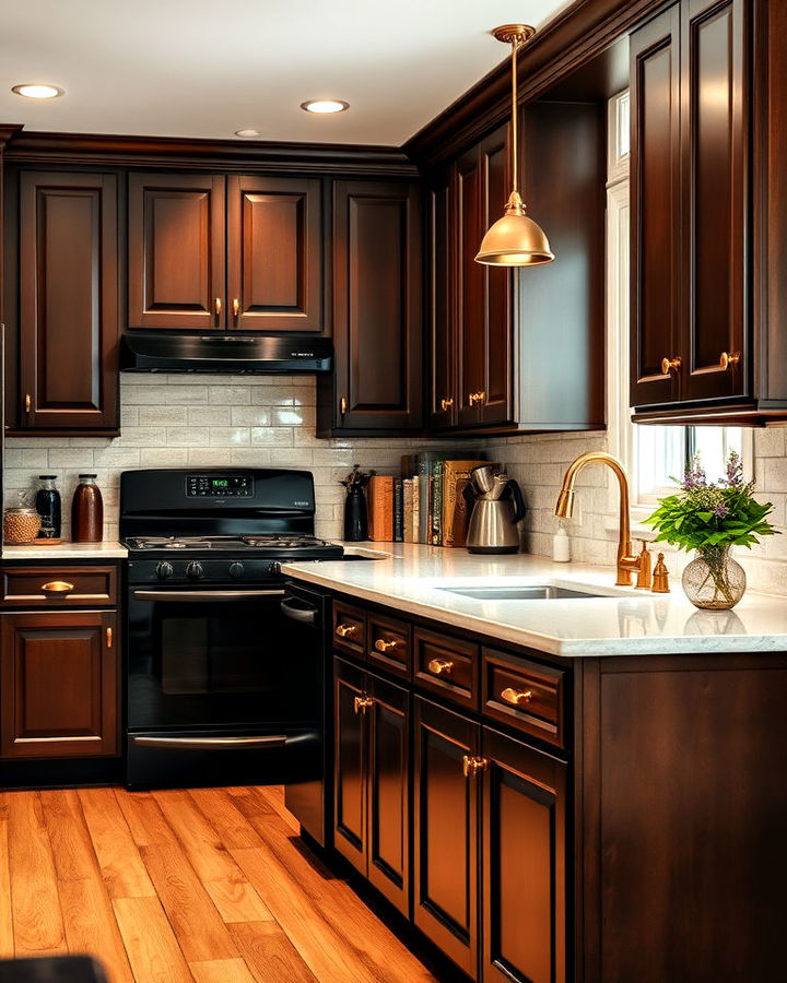 luxury espresso cabinets with black appliances