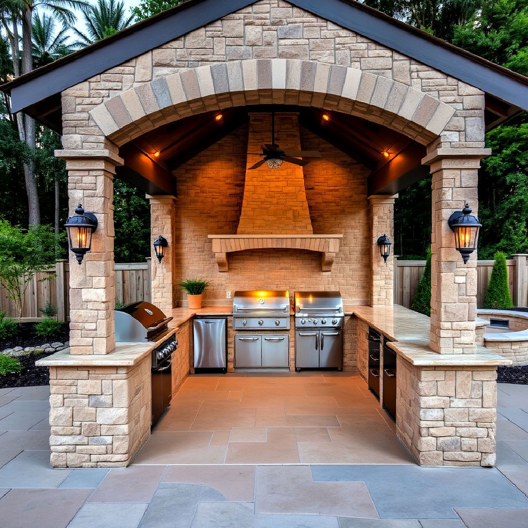 luxury outdoor kitchen with stone gazebo