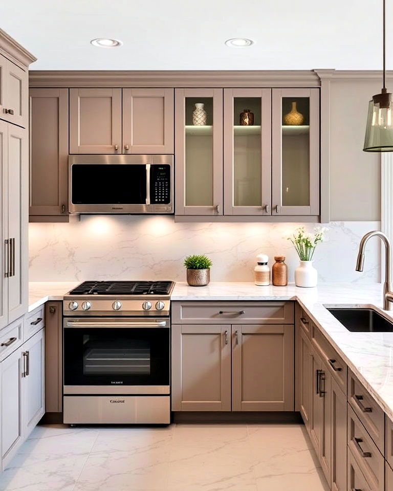 luxury taupe cabinets with marble countertops