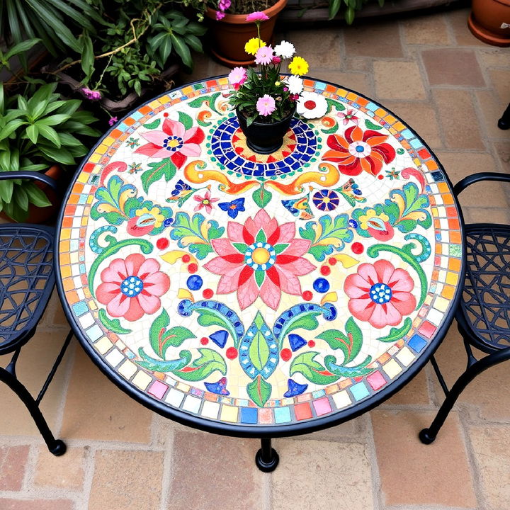 make a statement on your patio with mosaic tiled tabletop