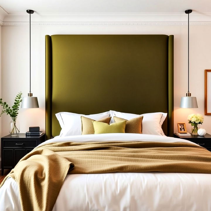 make a statement with an olive green headboard