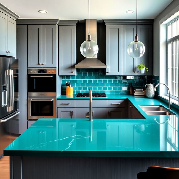 make a statement with teal green kitchen countertop surfaces