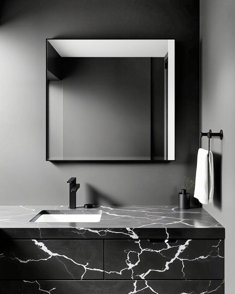 marble bathroom with matte black fixtures