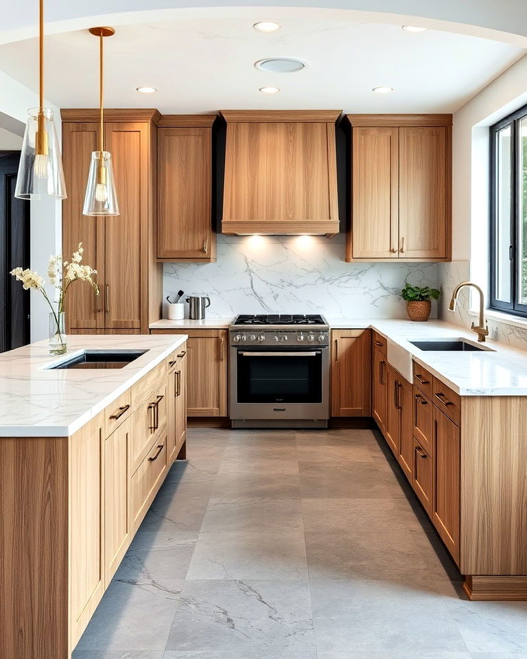 marble countertop and grey floors kitchen