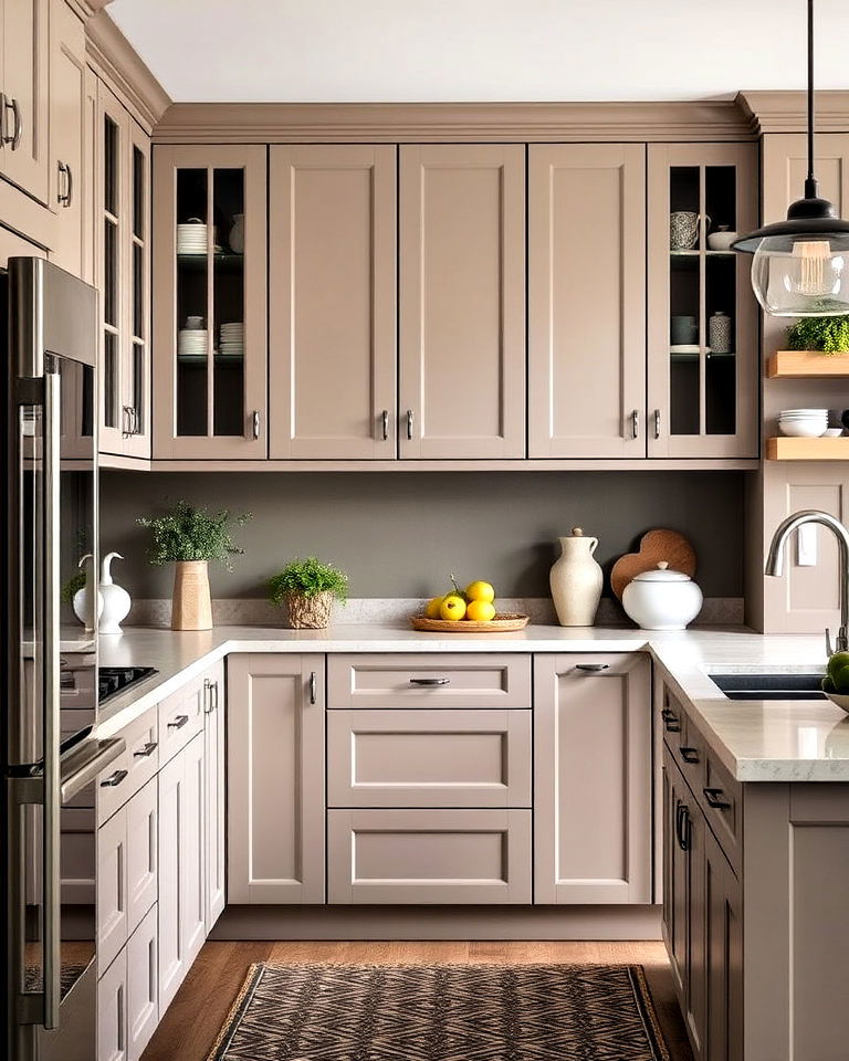 matte taupe cabinets for a subtle finish