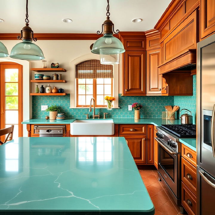 mediterranean charm with turquoise green countertop surfaces