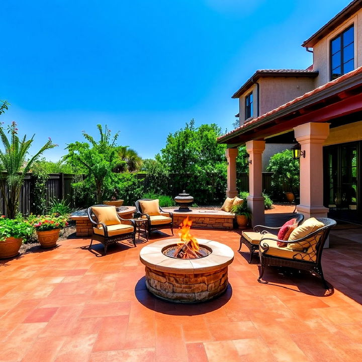 mediterranean inspired stamped concrete patio with fire pit