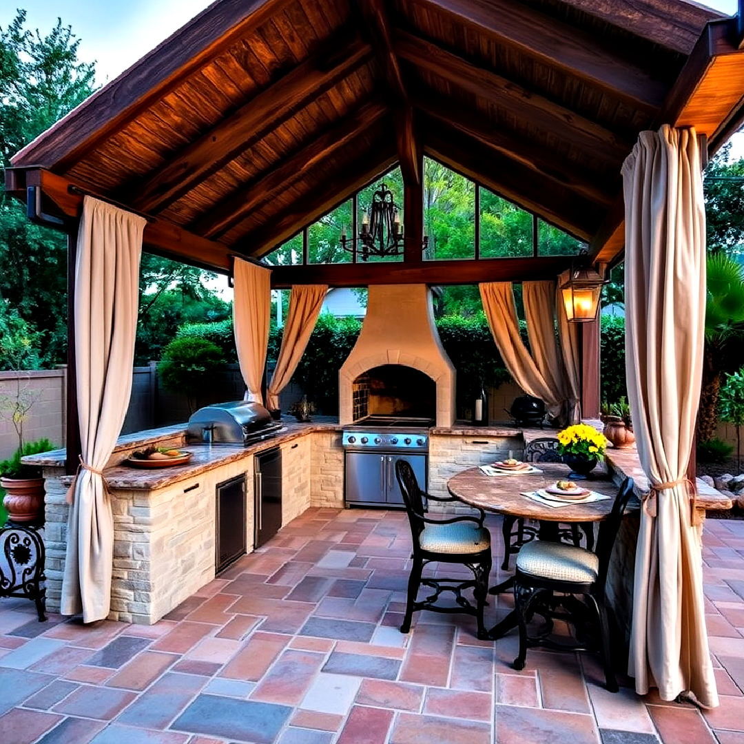 mediterranean style outdoor kitchen with a gazebo