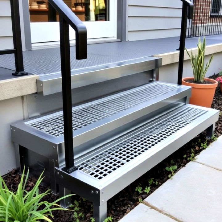 metal patio steps with grated treads for an industrial vibe