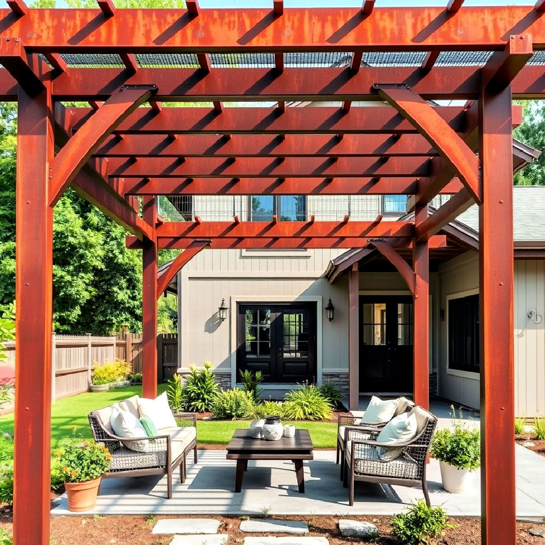 metal pergola with rust finish idea