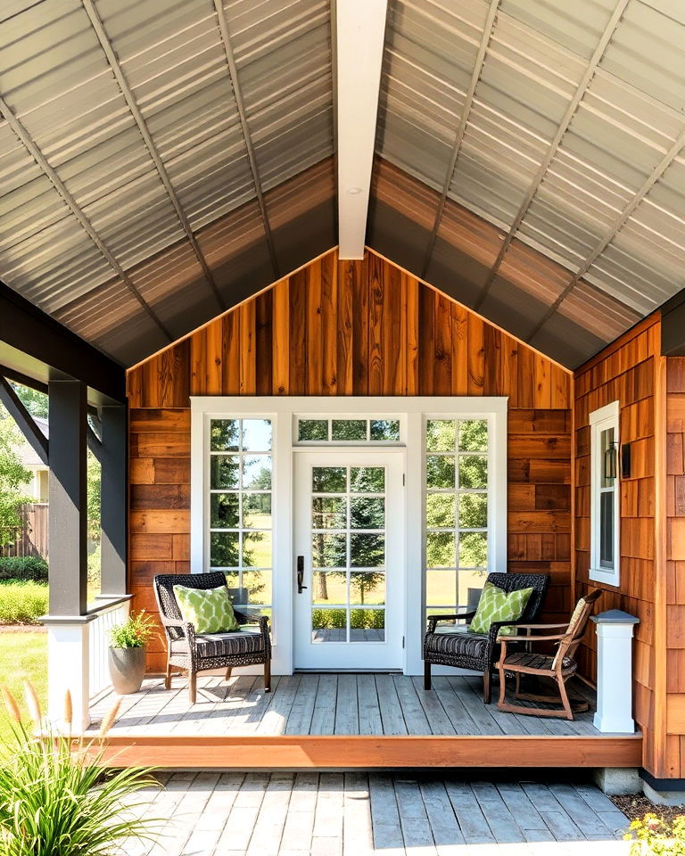 metal roof and wood paneling for porch