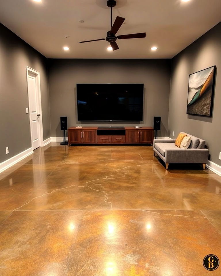 metallic finished stained concrete media room floor