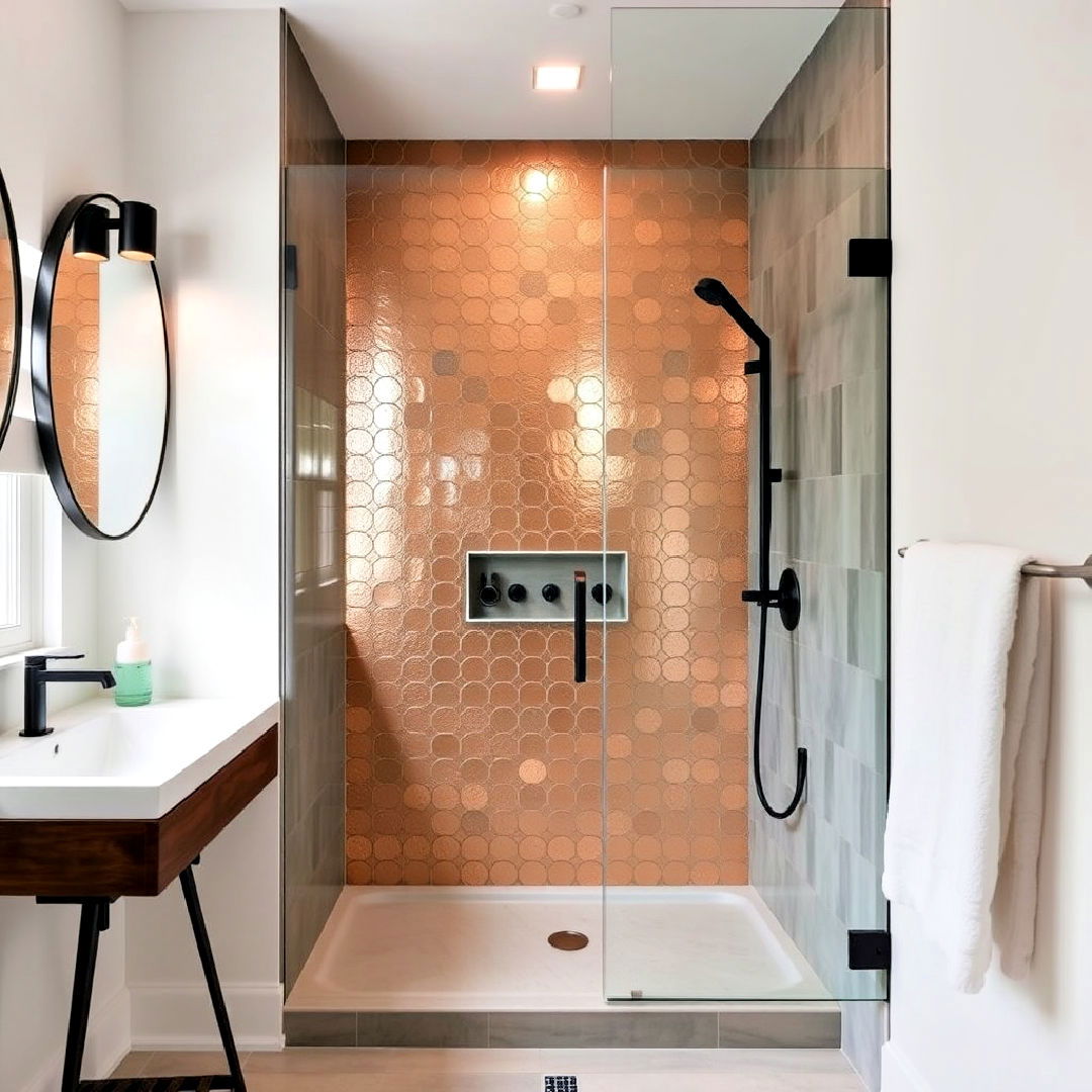 metallic tiles for a luxe effect walk in shower