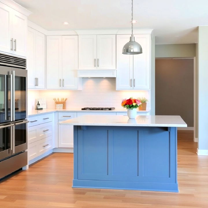 minimal white cabinets with subtle blue gray island