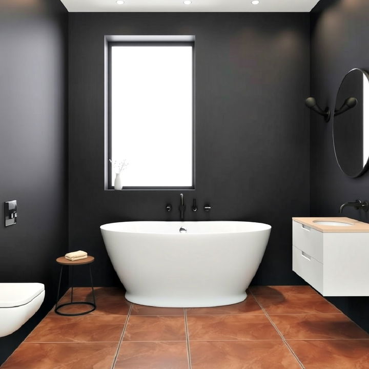 minimalist black walls with cozy brown floor for bathroom