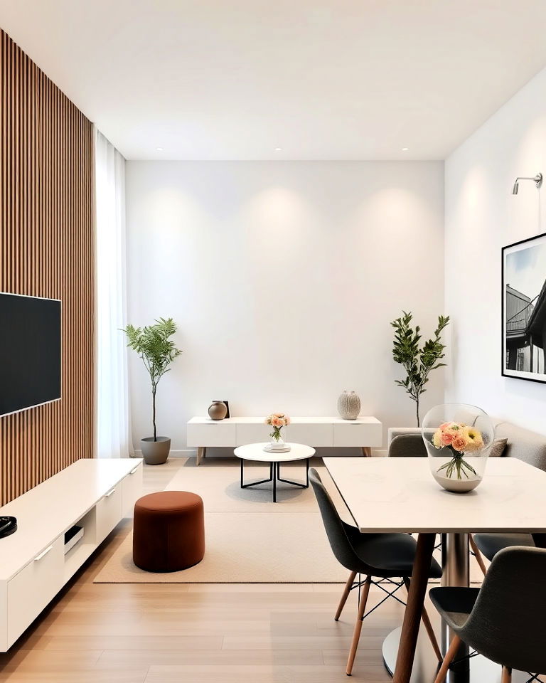 minimalist design small living room with tv and dining table