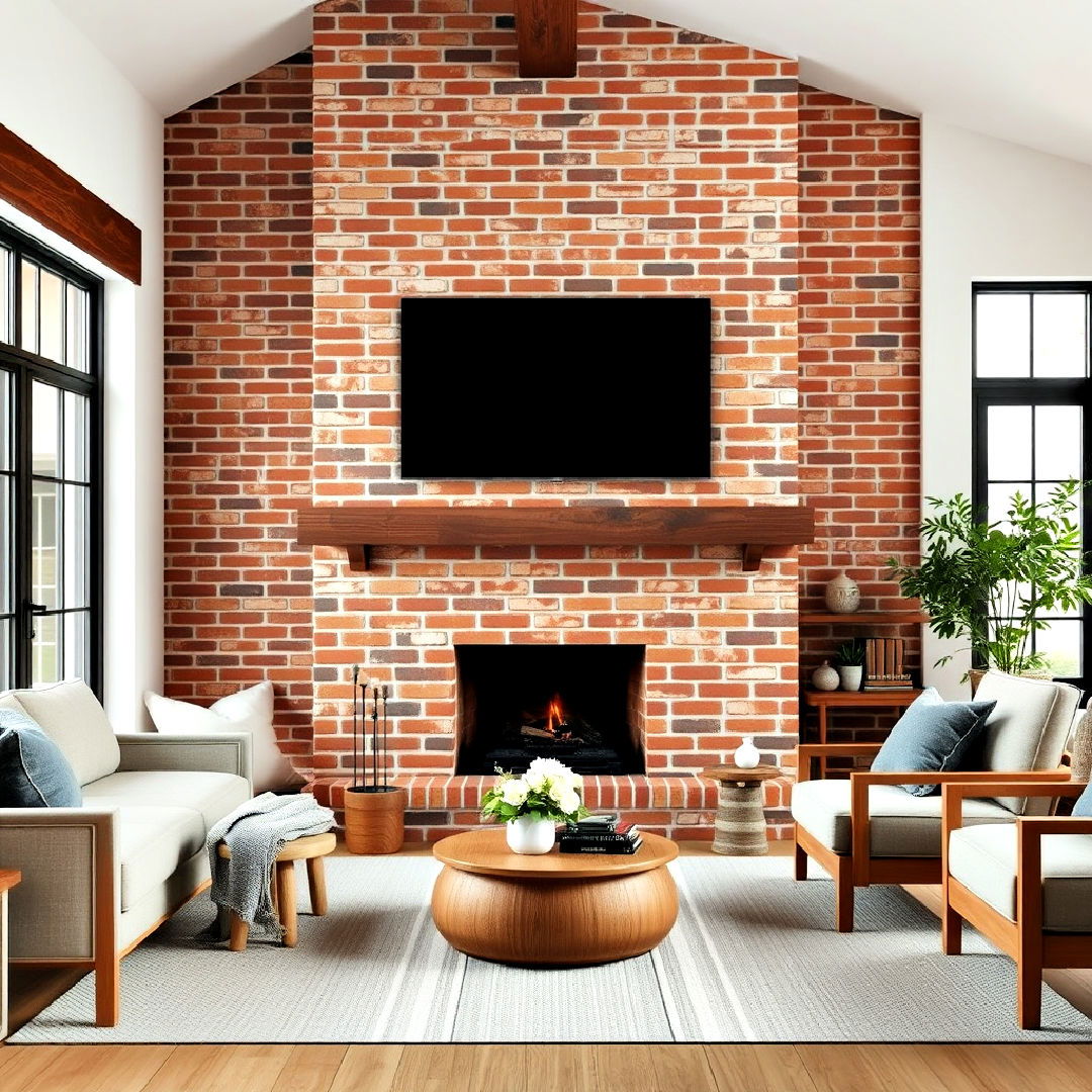 minimalist living room with a brick fireplace