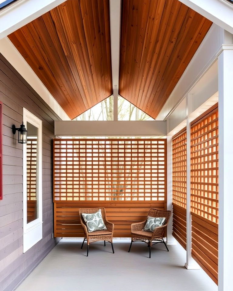 minimalist porch with a shed roof and wooden slat walls