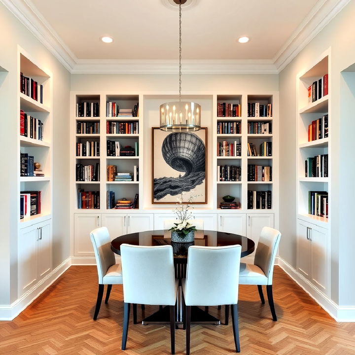 minimalist recessed bookshelves in dining room walls