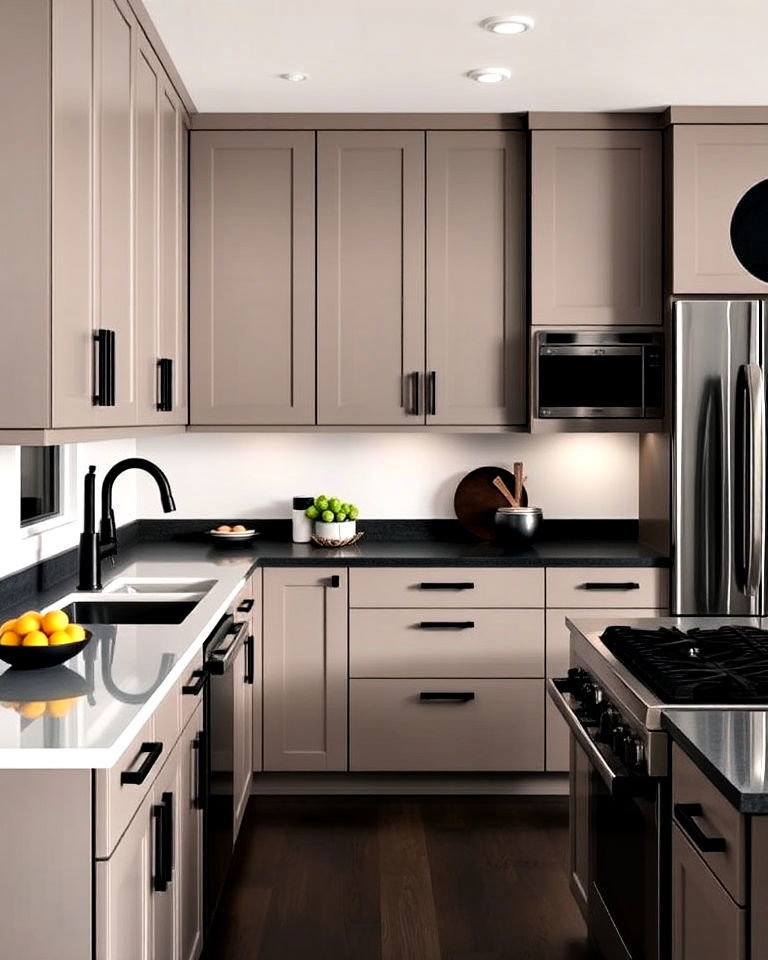 minimalist taupe cabinets with black accents