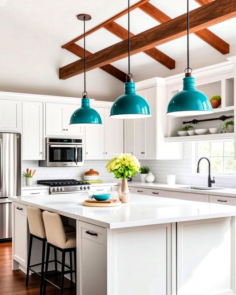 minimalist teal pendant lights above a white island