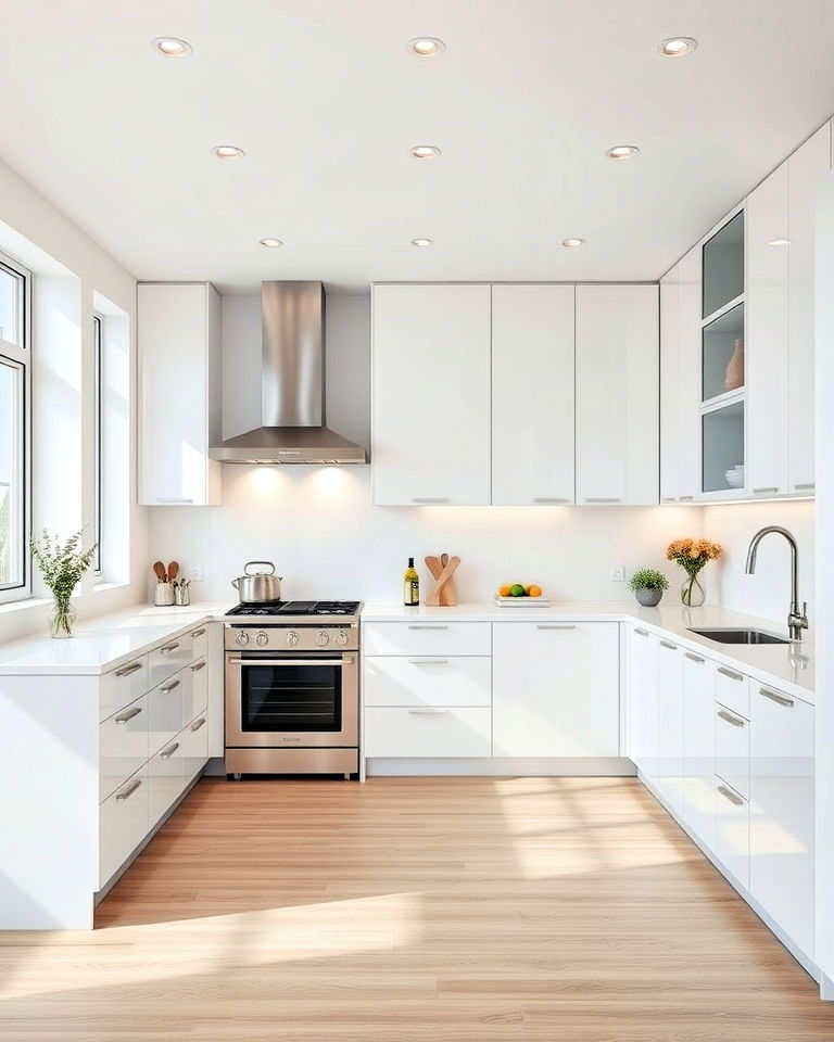 minimalist white and stainless steel kitchen