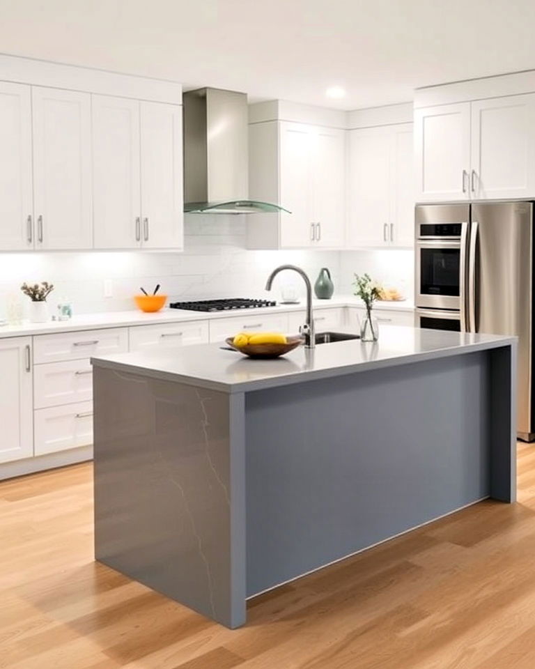 minimalist white cabinets with grey island and waterfall countertop