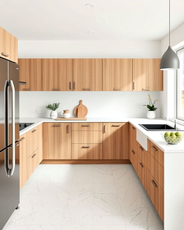 minimalist white terrazzo floor for kitchen