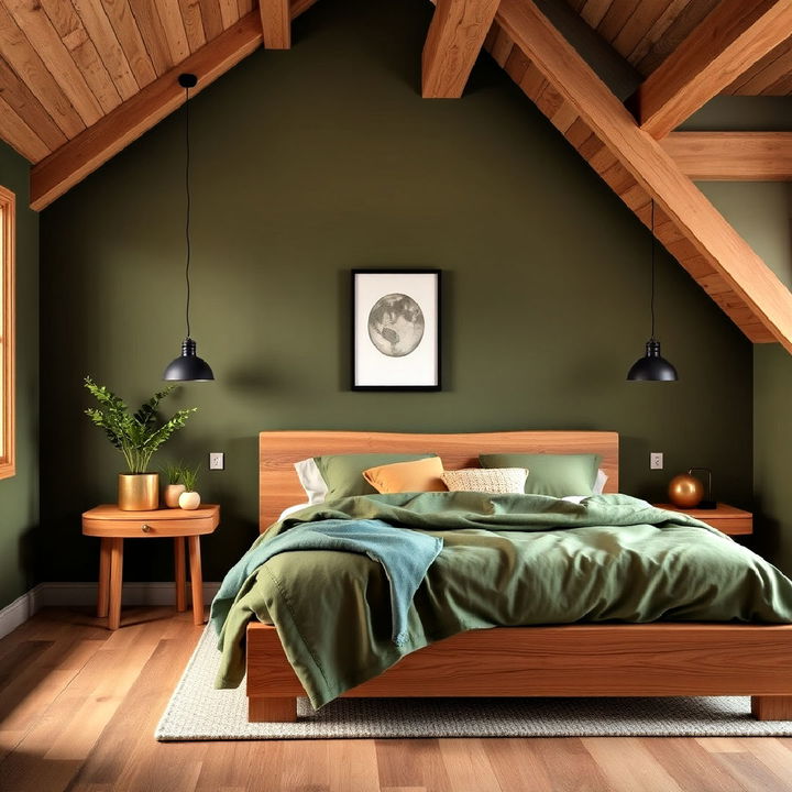 mix olive green with natural wood for a cozy vibe