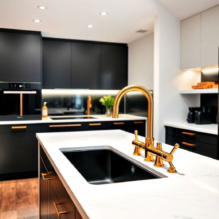 modern black sink with a luxurious gold faucet and white counters