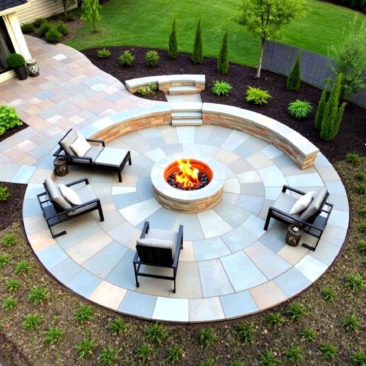 modern circular stone patio with sunken fire pit