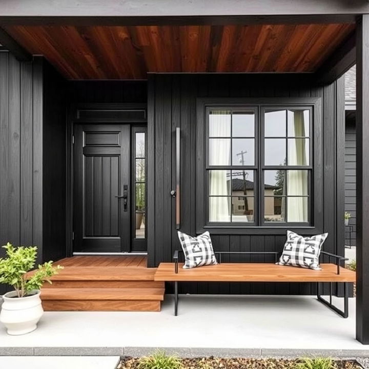 modern farmhouse exterior black stained wood accent