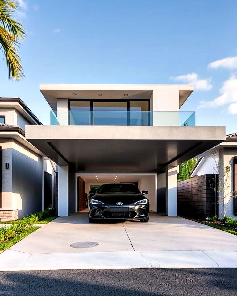 modern floating cantilevered car porch