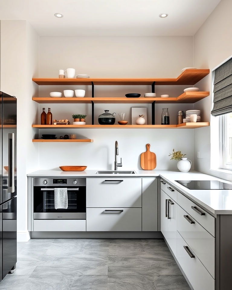 modern floating shelves with grey flooring