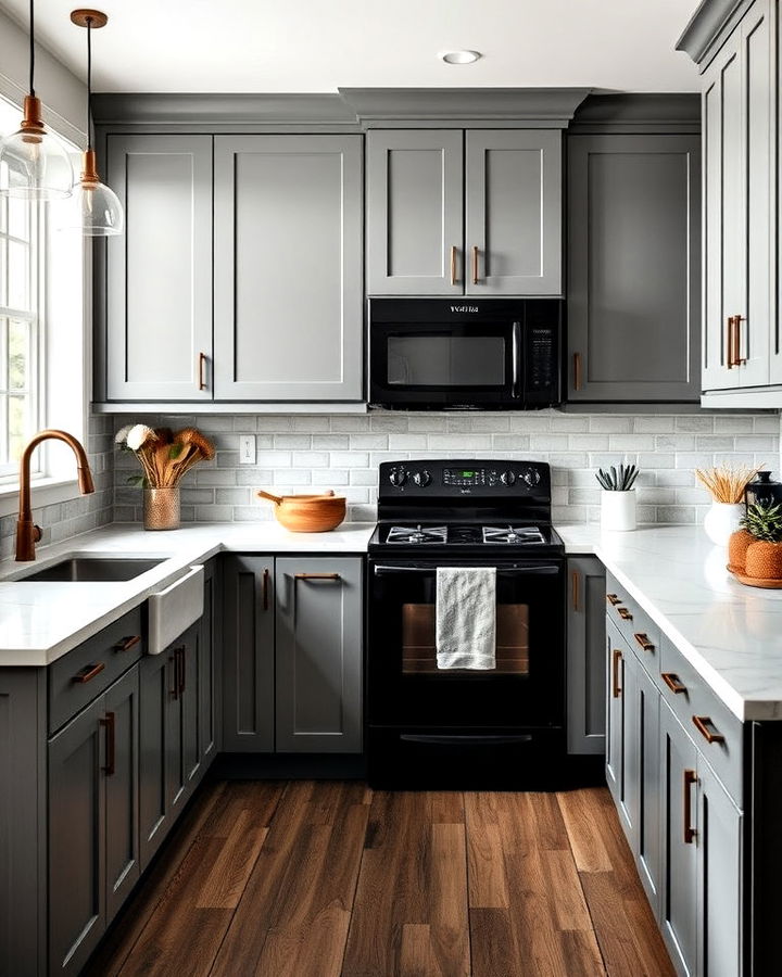 modern gray cabinets with black appliances