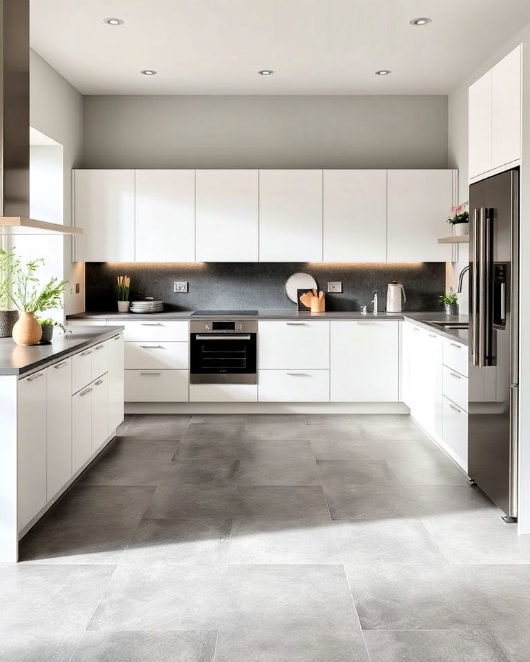 modern kitchen with light slate tiles floor