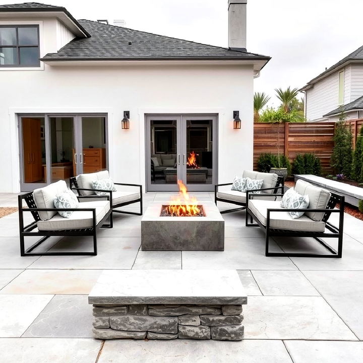 modern minimalist stone patio with fire pit