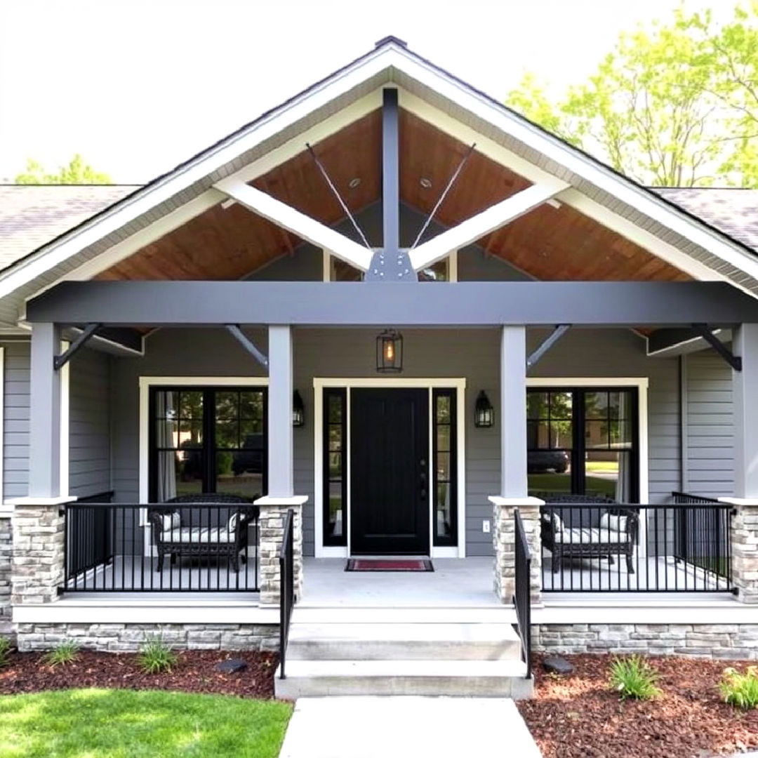 modern open gable porch with metal accents