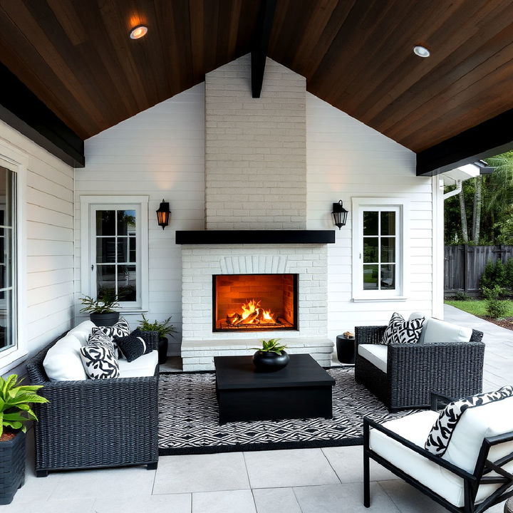 modern outdoor fireplace with black trim