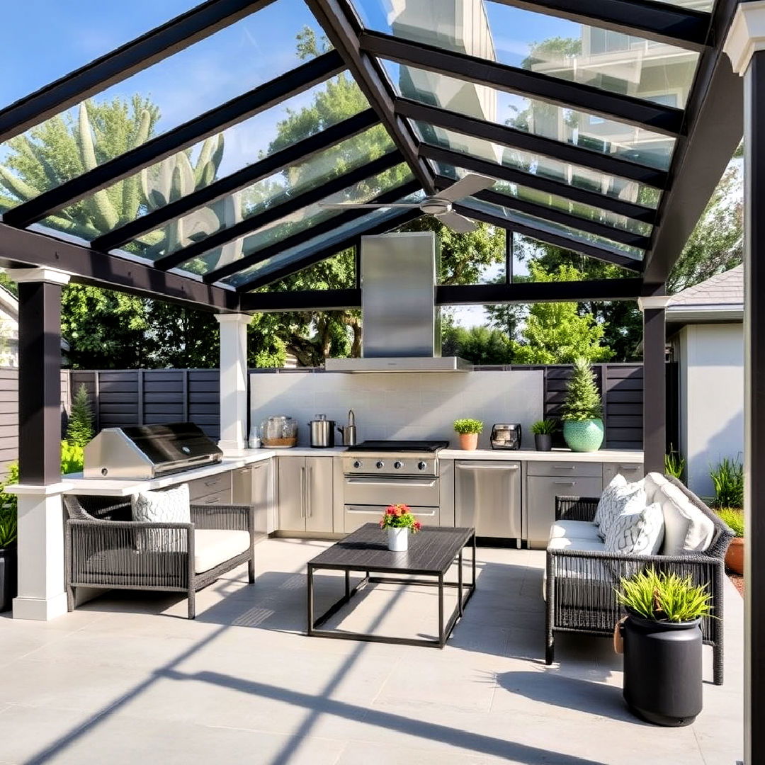 modern outdoor kitchen with a glass roofed gazebo