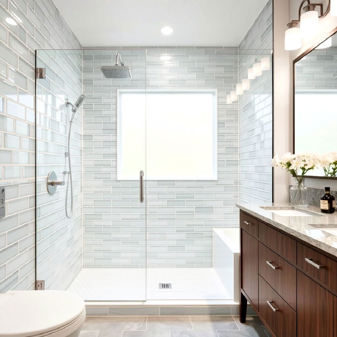 modern shower with glass tiles shower