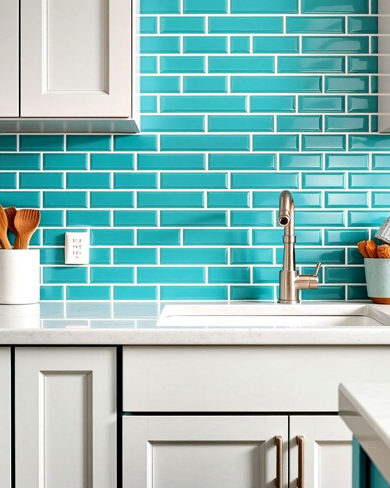 modern teal kitchen tiles with white grout