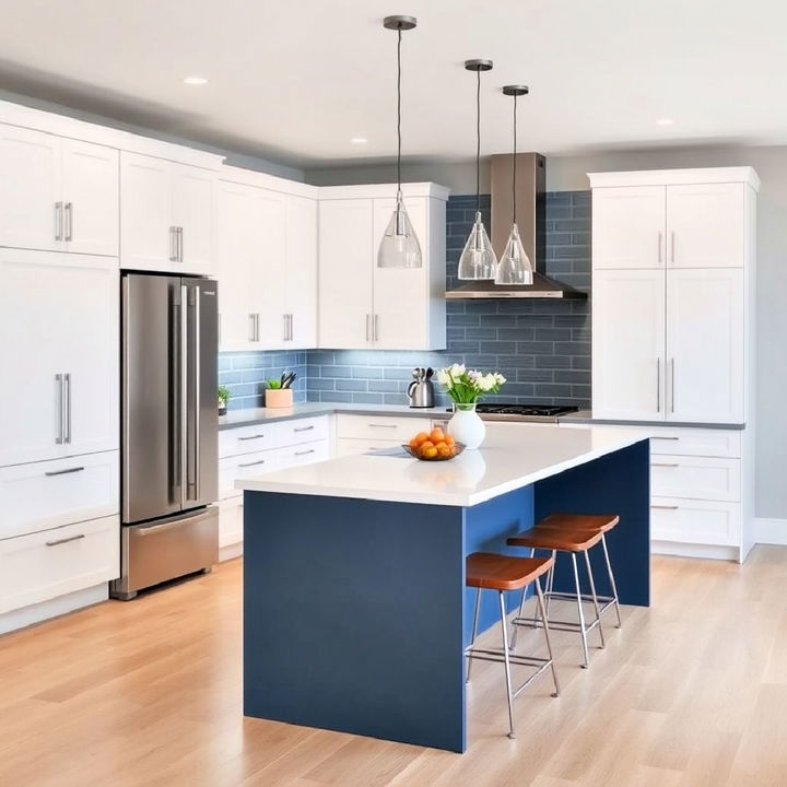 modern white cabinets with deep slate blue island