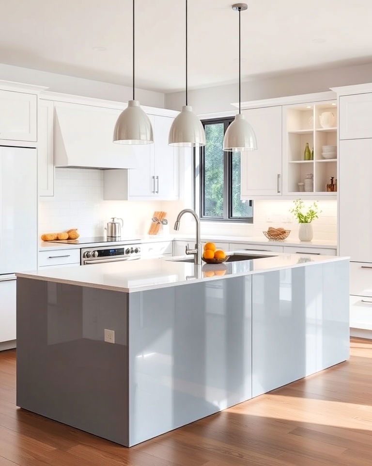 modern white cabinets with glossy grey island